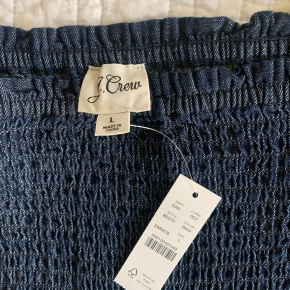 NWT J. Crew Puff-Sleeve Dark Blue Rinse Chambray Denim Smocked Top, size Large - Picture 5 of 8